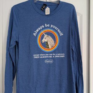 Celestial Seasonings BLUE Long Sleeve "Always be yourself" Unicorn t-shirt-NEW